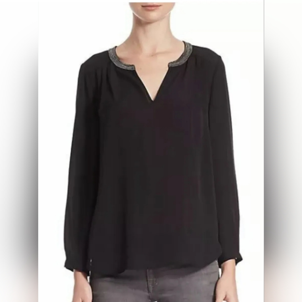 JOIE Black Silk Keisha Blouse Top w Silver Studded Embellished Collar Small